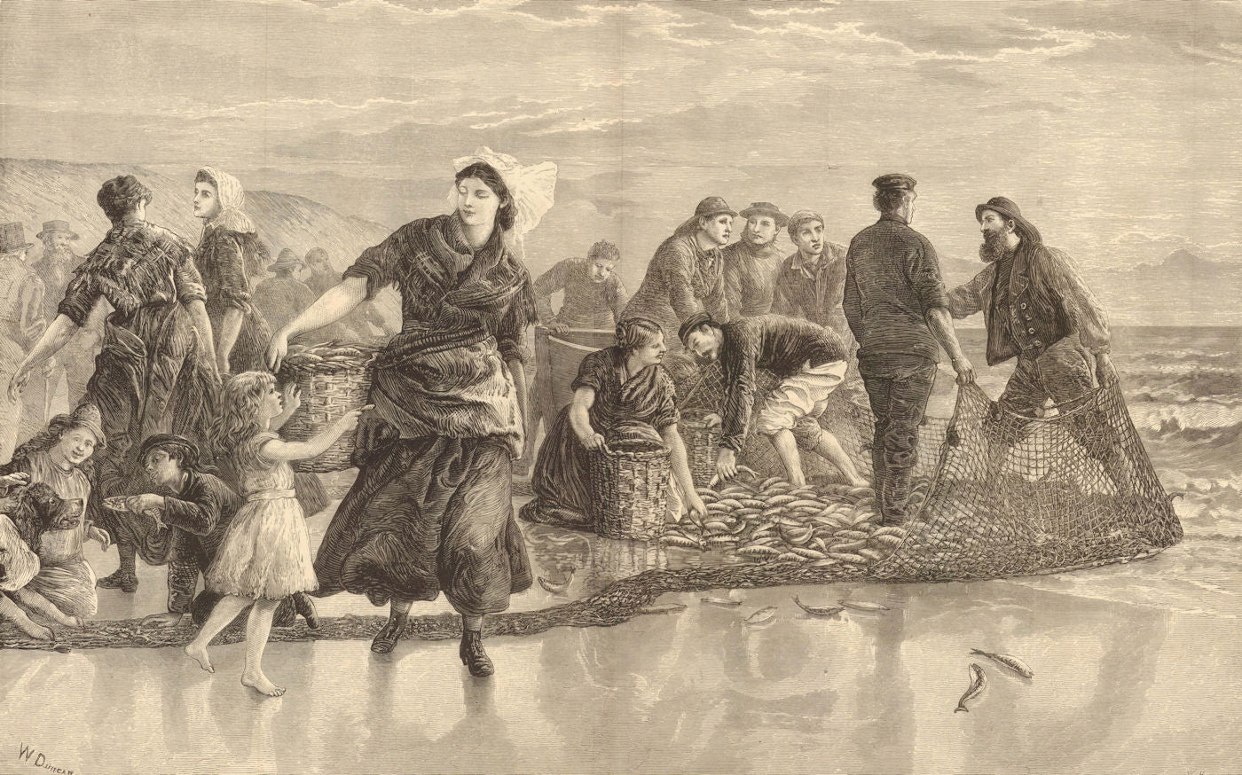 A Shoal of Mackerel, by W Duncan. Fishermen. Catch 1873 old antique print
